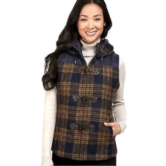 Pendleton || Quilted Wool Toggle Vest Hood in Alpine Getaway Navy Gold Plaid SM - Picture 9 of 12